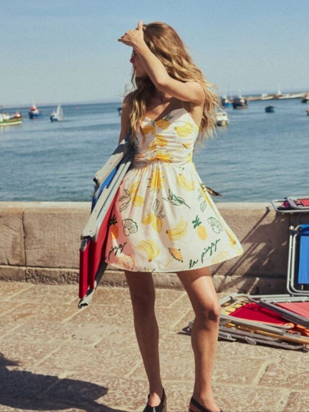 H&M Tropical Strappy Mini Dress Bananas Fruits Vacation Resortwear Lemon Beach M